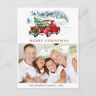 Retro Red Truck Christmas Greeting Holiday Photo Postcard