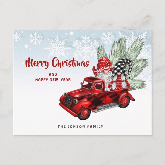 Retro Red Truck Gnomes Christmas Holiday Greeting Postcard (Front)