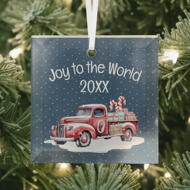 Retro Red Truck In Snowflakes Glass Tree Decoration (Insitu)