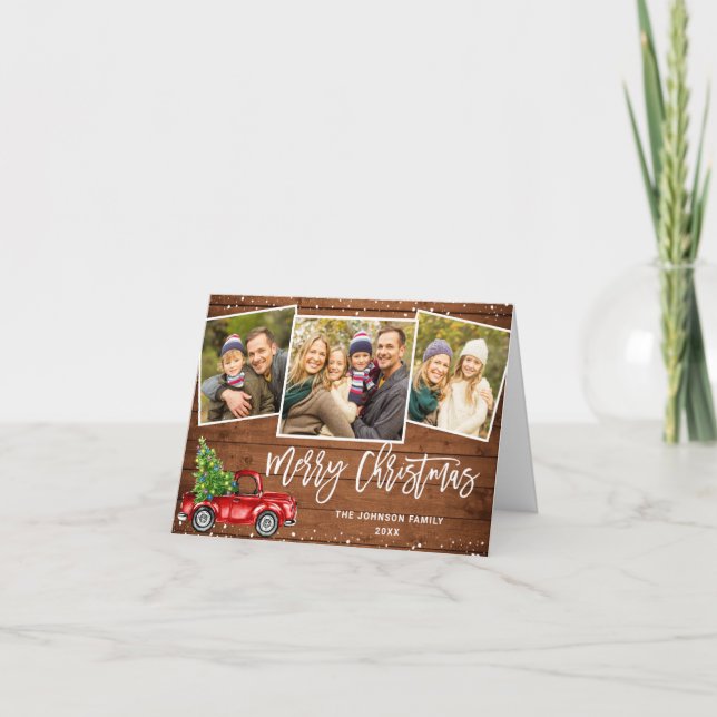Retro Red Truck Rustic 3 PHOTO Christmas Greeting Holiday Card (Front)