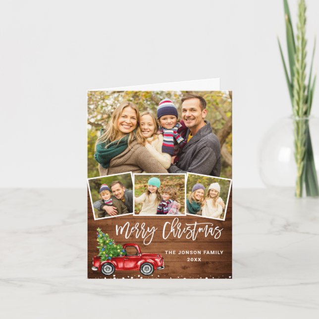 Retro Red Truck Rustic 3 PHOTO Christmas Greeting Holiday Card (Front)