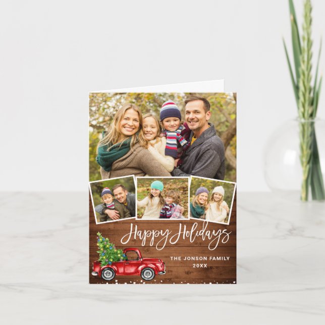 Retro Red Truck Rustic 3 PHOTO Christmas Greeting Holiday Card (Front)