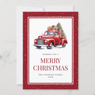 Retro Red Truck Tree Snowy Merry Christmas Card