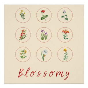 Retro Red Vintage Hibiscus and Lilies Blossom Poster
