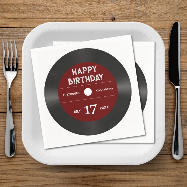 Retro Red Vinyl Record Black Happy Birthday Party Napkin (Retro Red Vinyl Record Black Happy Birthday Party Napkins)