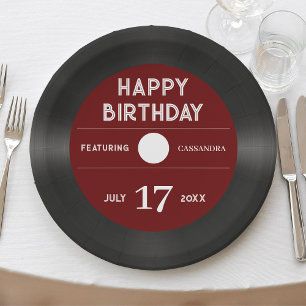 Retro Red Vinyl Record Black Happy Birthday Party Paper Plate