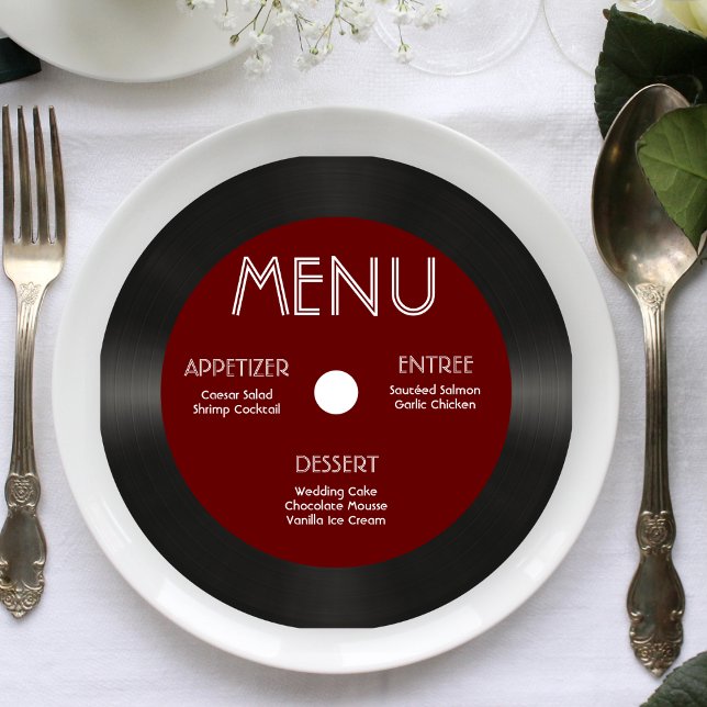 Retro Red Vinyl Record Wedding Reception Menu Invitation (Retro Red Vinyl Record Wedding Reception Menu Invitation)