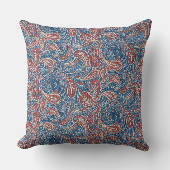 Retro Red, White and Blue Paisley Pattern Cushion (Front)