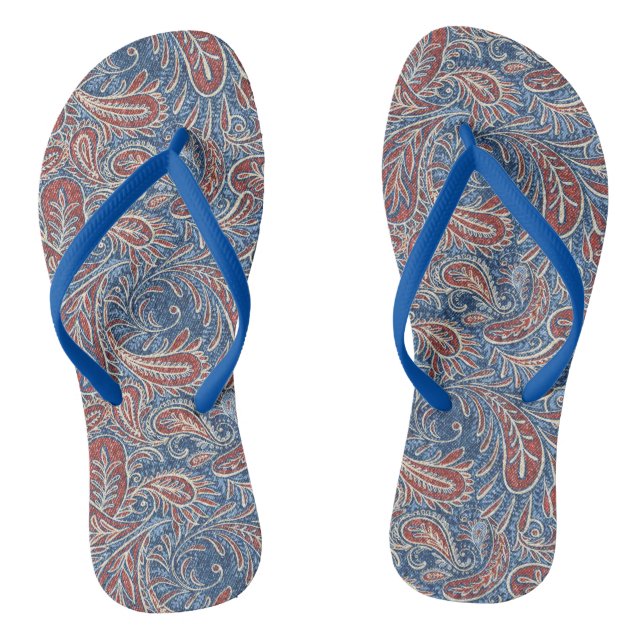Retro Red, White and Blue Paisley Pattern Jandals (Footbed)