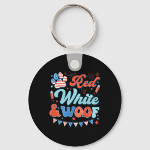 Retro Red White And Woof Us Flag Dog Paw Happy 4th Key Ring