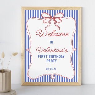 Retro Red White & Blue Classy Stripes Bows Welcome Poster