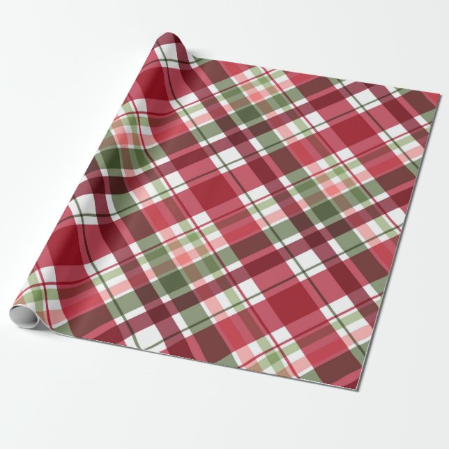 Retro Red White Christmas New Year Tartan Plaid Wrapping Paper (Unrolled)
