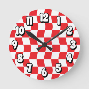 Retro Red White Wavy Chequerboard Pattern Round Clock