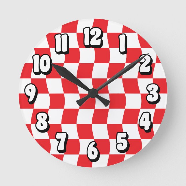Retro Red White Wavy Chequerboard Pattern Round Clock (Front)