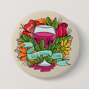 Retro Red Wine Day, floral arsty wine 7.5 Cm Round Badge