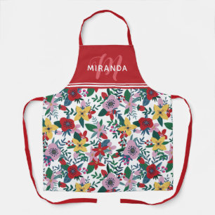Retro Red Yellow Pink Floral Pattern Monogram Apron