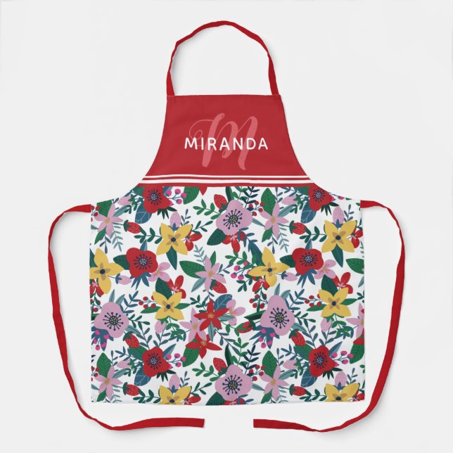 Retro Red Yellow Pink Floral Pattern Monogram Apron (Front)