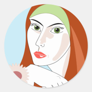 Retro Redhead Floral Fashion Portrait Art Classic Round Sticker