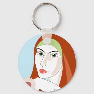 Retro Redhead Floral Fashion Portrait Art Key Ring