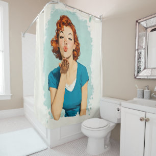 Retro Redhead Sending Sweet Kiss Shower Curtain