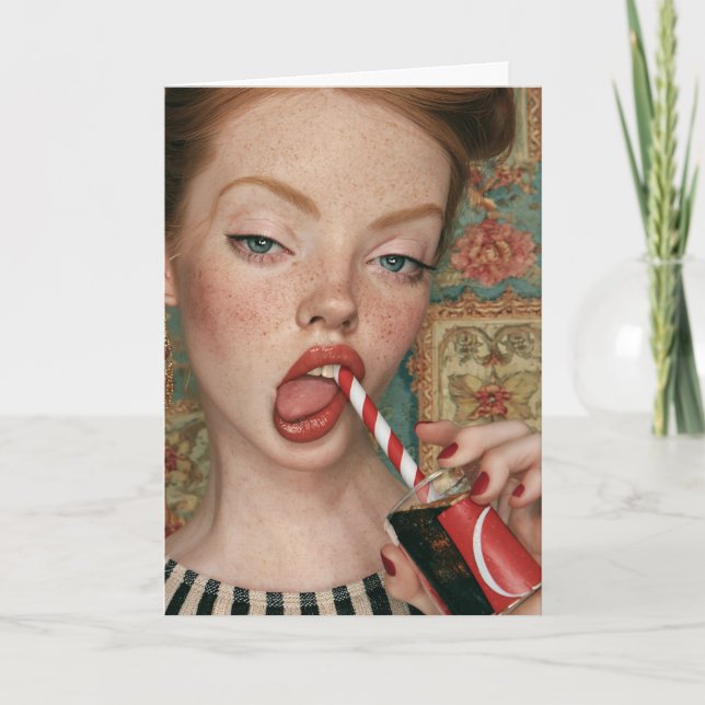 Retro Redhead Sipping Soda Pop Card (Front)