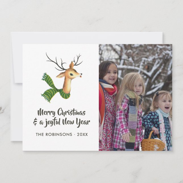 Retro Reindeer Burlap Christmas Family Photo Holiday Card (Front)