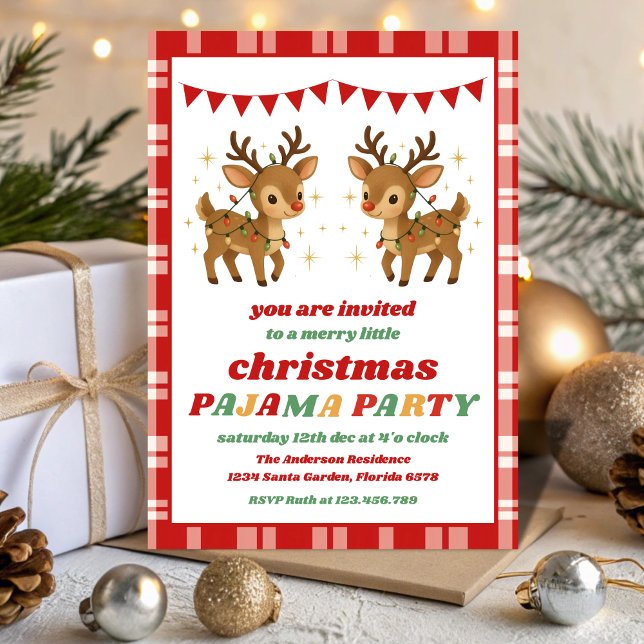 Retro Reindeer Pajama Christmas Party Editable Invitation (Creator Uploaded)