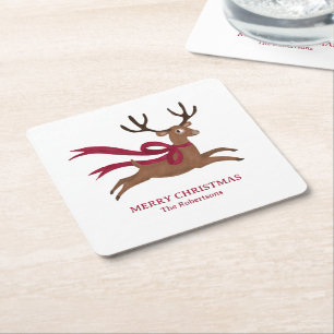 Retro Reindeer Wearing Red Scarf Vintage Style Square Paper Coaster