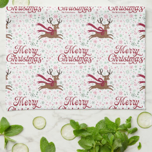 Retro Reindeer with Atomic Snowflakes Personalised Tea Towel