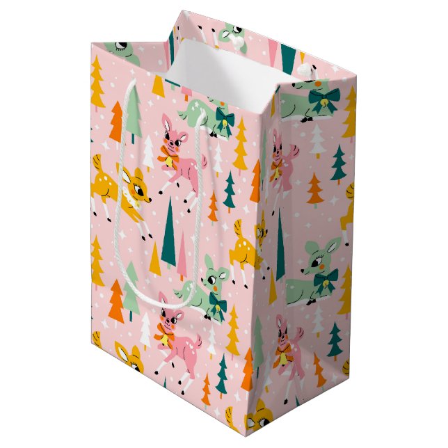 Retro Reindeer Wonderland Holiday Pattern Medium Gift Bag (Front Angled)