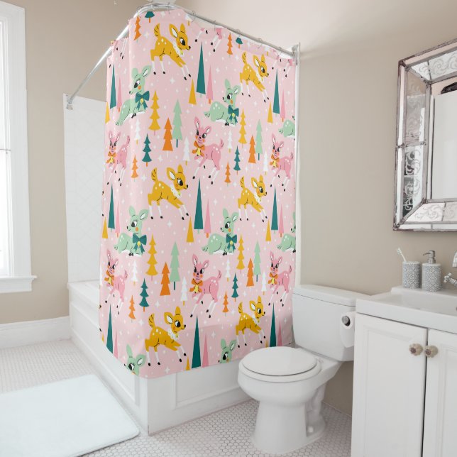 Retro Reindeer Wonderland Holiday Pattern Shower Curtain (In Situ)