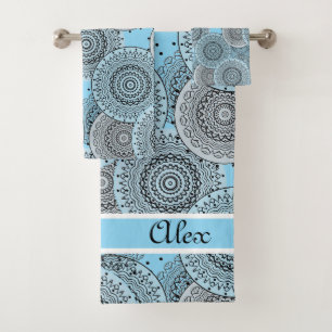 Retro, retro pattern, blue and grey,  elegant bath towel set