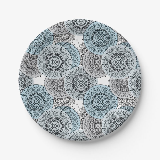Retro, retro pattern, blue and grey,  elegant paper plate (Front)