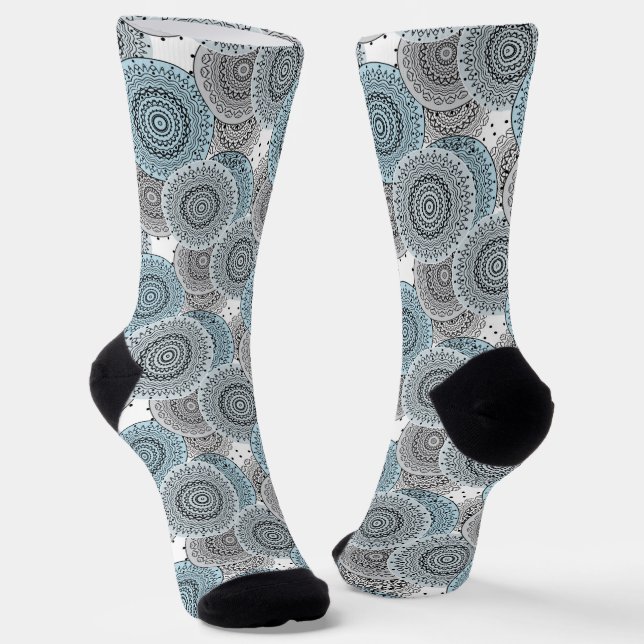 Retro, retro pattern, blue and grey,  elegant socks (Angled)