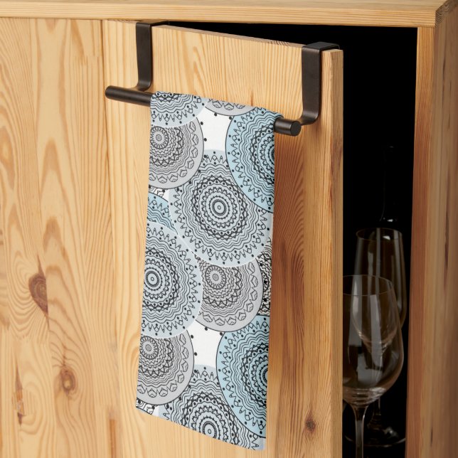 Retro, retro pattern, blue and grey,  elegant tea towel (Thirds Fold)
