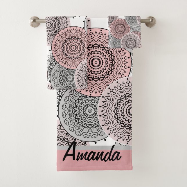 Retro, retro pattern, blue and pink,  elegant bath towel set (Insitu)