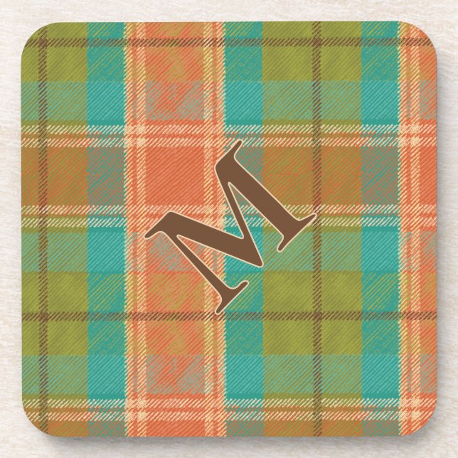 Retro Revival Plaid Monogram Hard Plastic Coaster (Front)