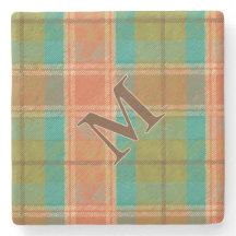 Retro Revival Plaid Monogram Stone Coaster