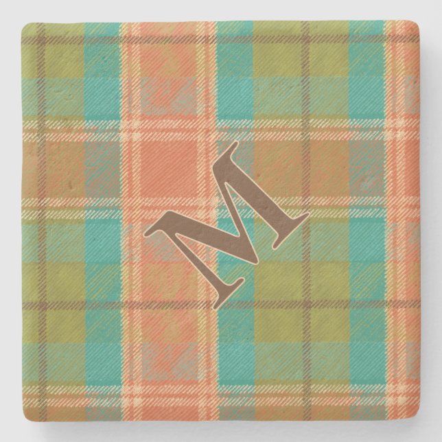 Retro Revival Plaid Monogram Stone Coaster (Front)