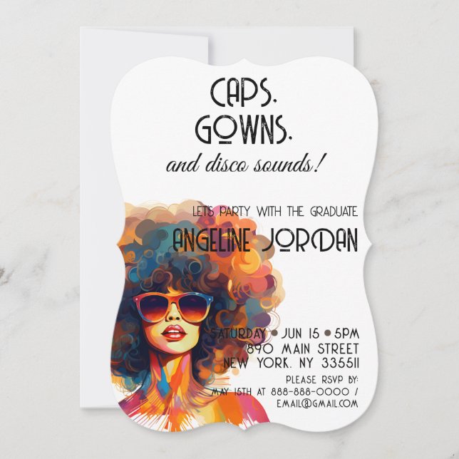 Retro Rewind | Caps Gown & Disco Sounds Grad Party Invitation (Front)