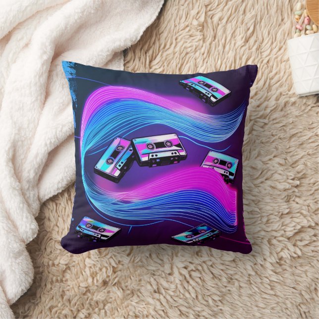 Retro Rewind: Neon Cassette Vibes Cushion (Blanket)