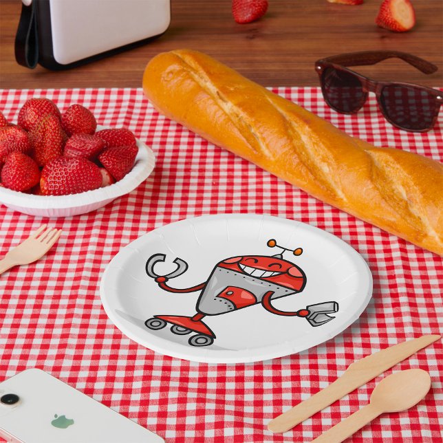 Retro Robot Cartoon Fun Red and Silver AI Bot  Paper Plate (Creator Uploaded)