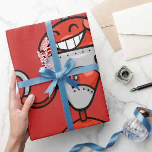 Retro Robot Cartoon Fun Red and Silver AI Bot  Wrapping Paper