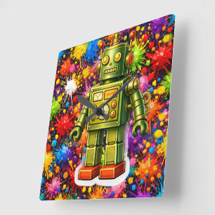 Retro robot colour burst square wall clock