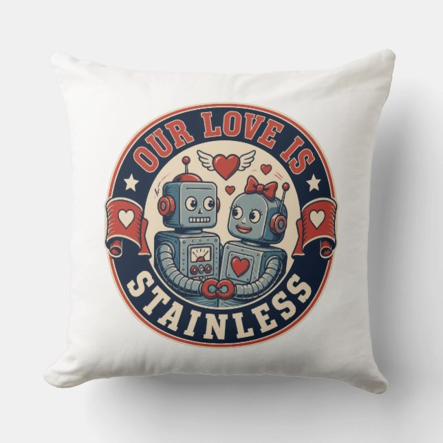 Retro robot couple badge cushion (Front)
