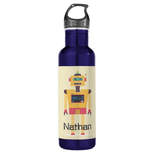 Retro Robot Illustration Personalised Kids 710 Ml Water Bottle (Front)