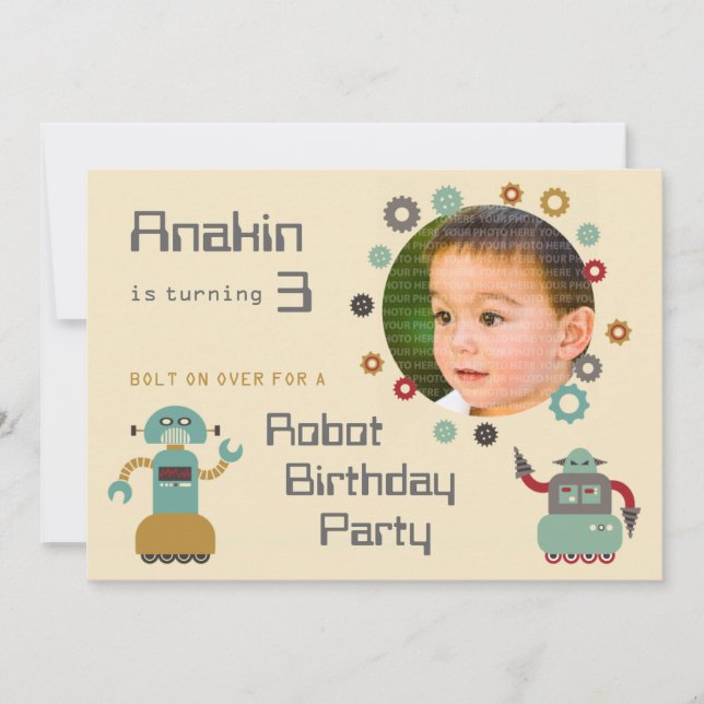 Retro Robot Party Birthday Photo Invitation (Front)