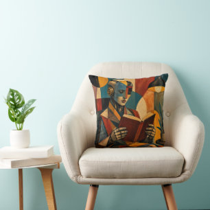 RETRO ROBOT READING I   ABSTRACT BOOK LOVER DECOR CUSHION