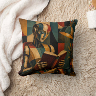 RETRO ROBOT READING II VINTAGE AI READER CUSHION