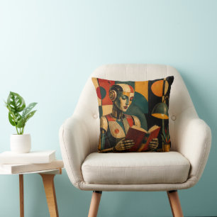 RETRO ROBOT READING III COLORFUL LITERARY ROBOT CUSHION
